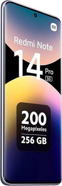 Xiaomi Redmi Note 14 Pro 5G front view displaying colorful gradient screen with 200 megapixels, 256GB storage specs