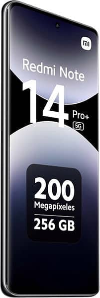 Xiaomi Redmi Note 14 Pro+ 5G front view with screen displaying specs: 200 megapixels, 256GB storage