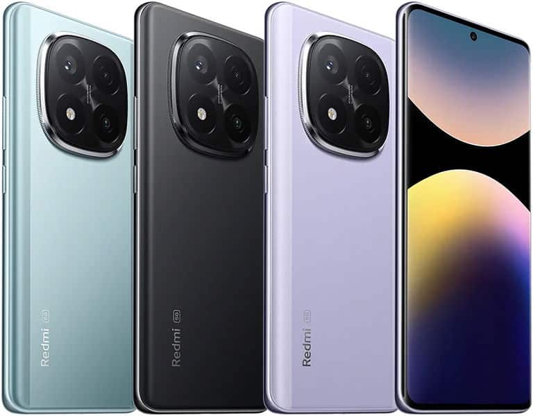 Xiaomi Redmi Note 14 Pro+ 5G rear and front views in light blue, black, and purple finishes, showing quad camera array and display screen