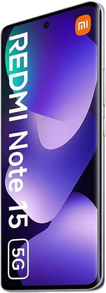 Front view of Xiaomi Redmi Note 15 5G shows model name on display, slim bezels, and centered punch-hole front camera.
