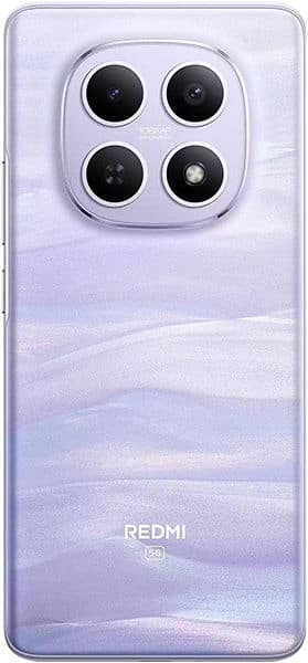Rear view of lavender gradient Redmi Note 15 5G showing triple cameras, LED flash in a square module, and "Redmi 5G" branding.