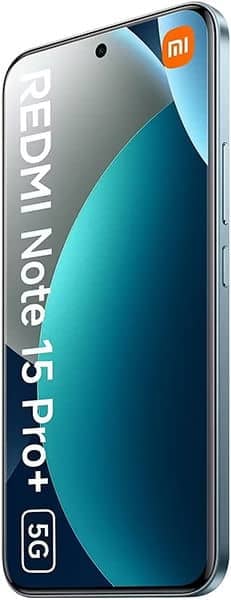 Xiaomi Redmi Note 15 Pro+ 5G front view, displaying curved screen with teal and blue gradient design and Xiaomi logo