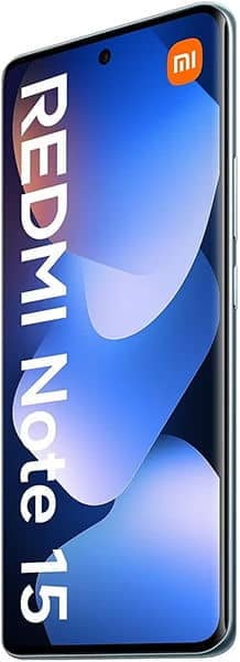 Xiaomi Redmi Note 15 4G front view, displaying blue wallpaper with white curved design and Mi logo in corner