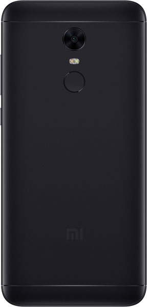 Rear view of black Xiaomi Redmi Note 5 with single camera, flash, circular fingerprint sensor, and Mi logo at the bottom.