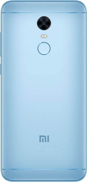 Rear view of light blue Xiaomi Redmi Note 5 with camera, flash, fingerprint sensor, and MI logo near the bottom.