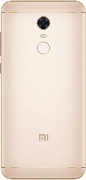 Rear view of gold Xiaomi Redmi Note 5 showing single camera, flash, fingerprint sensor, and "MI" logo near the bottom.
