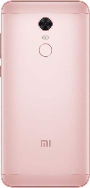 Rear view of rose gold Xiaomi Redmi Note 5 with single camera, circular fingerprint sensor, LED flash, and "Mi" logo at bottom.