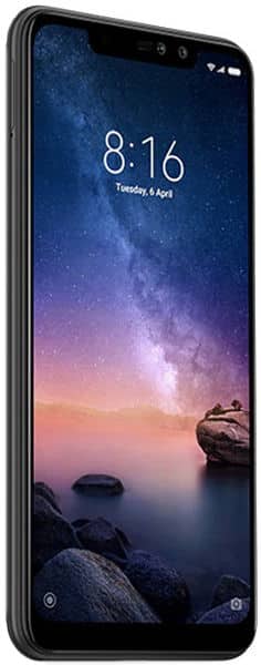 Xiaomi Redmi Note 6 Pro front view with lock screen displaying time 8:16, date Tuesday 4 April, and scenic landscape wallpaper