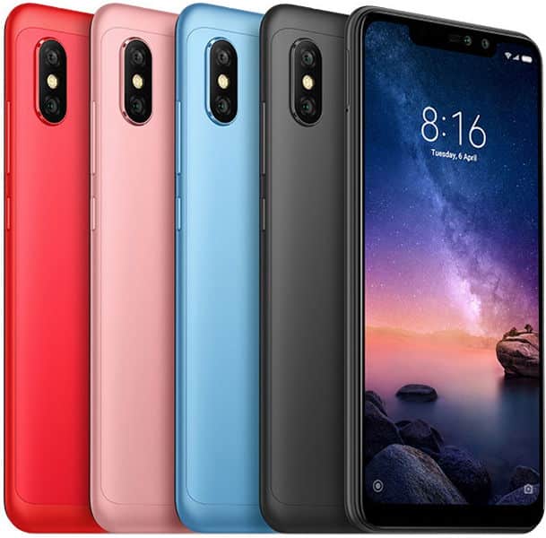Xiaomi Redmi Note 6 Pro in red, pink, blue, and black, shown from the rear with dual camera and display screen-on