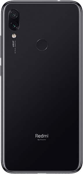 Xiaomi Redmi Note 7 rear view, black finish with dual camera and fingerprint sensor