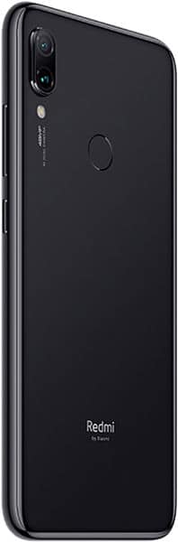 Xiaomi Redmi Note 7 rear view, black phone showing dual rear cameras and fingerprint sensor