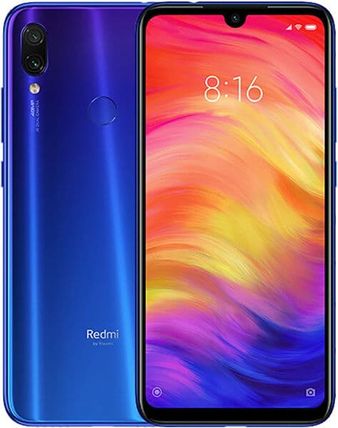Xiaomi Redmi Note 7 front and rear view, blue gradient finish with dual rear cameras and colorful gradient display showing time 8:16
