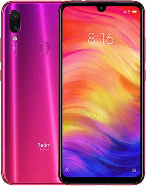 Xiaomi Redmi Note 7 front and rear view in magenta, showing dual rear cameras and colorful gradient display at 8:16