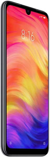 Xiaomi Redmi Note 7 Pro front angled view; slim black frame, no front buttons, vibrant screen with 8:16 time display.