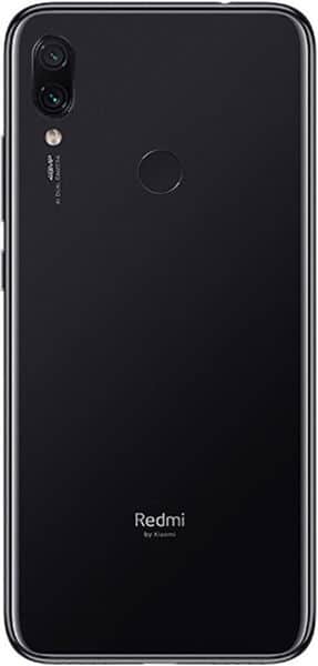Rear view of black Xiaomi Redmi Note 7 Pro; dual cameras top left, fingerprint sensor center, Redmi logo at bottom.