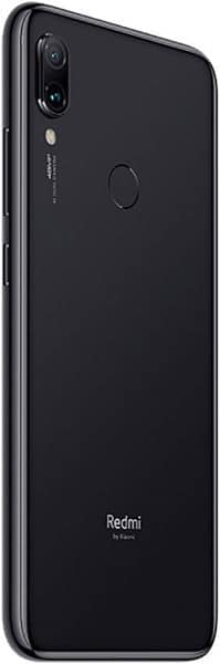 Rear view of black Xiaomi Redmi Note 7 Pro with dual cameras, LED flash, fingerprint sensor, and Redmi logo at the bottom.