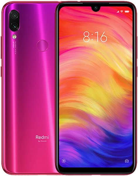 Xiaomi Redmi Note 7 Pro in pink shown front and rear; dual rear cameras, fingerprint sensor, and colorful display at 8:16.