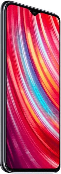 Xiaomi Redmi Note 8 Pro front view displaying colorful diagonal striped wallpaper on screen