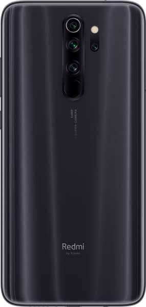 Xiaomi Redmi Note 8 Pro rear view, showing dark gray back with quad camera setup and Redmi branding