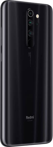 Xiaomi Redmi Note 8 Pro rear view, showing black glossy back with quad camera setup and Redmi branding
