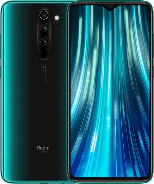 Xiaomi Redmi Note 8 Pro front and rear view, teal back with quad camera setup and turquoise display showing digital pattern