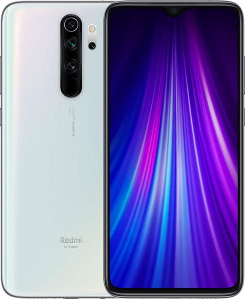 Xiaomi Redmi Note 8 Pro rear and front view, white finish with triple camera setup and purple-tinted display screen
