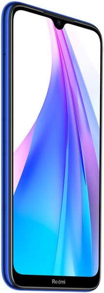 Xiaomi Redmi Note 8T front view, blue frame, displaying colorful gradient wallpaper with purple and cyan tones on screen