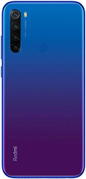 Xiaomi Redmi Note 8T rear view, blue-to-purple gradient back with quad camera setup and Redmi logo