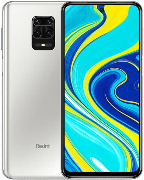 Xiaomi Redmi Note 9 Pro, white, shown front and rear with colorful blue and yellow swirl wallpaper on screen