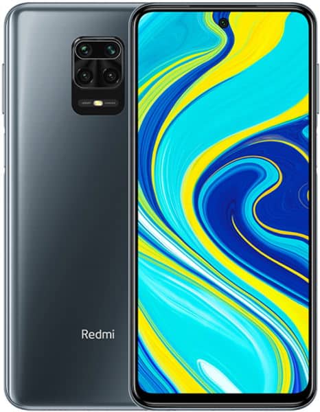 Xiaomi Redmi Note 9 Pro front and rear view, showing gray finish with quad camera setup and colorful blue, yellow, and cyan swirl display wallpaper