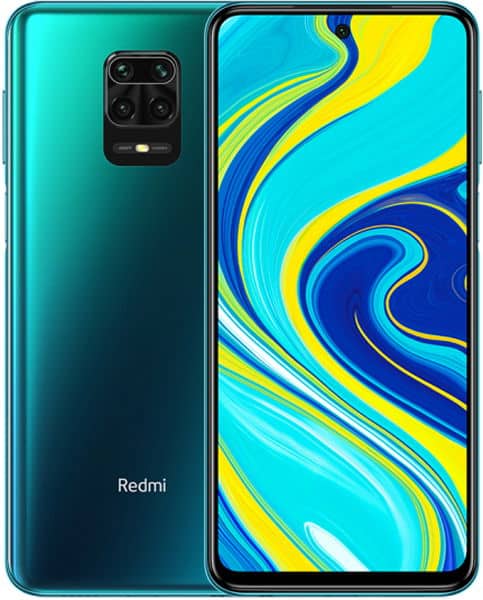 Xiaomi Redmi Note 9 Pro front and rear view showing teal gradient body and blue-yellow abstract wallpaper on screen