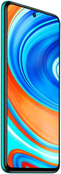 Xiaomi Redmi Note 9 Pro front view with colorful blue and orange swirl wallpaper on screen