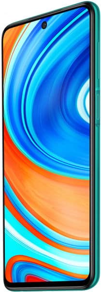 Xiaomi Redmi Note 9 Pro front view with green frame, displaying blue and orange swirl wallpaper on screen
