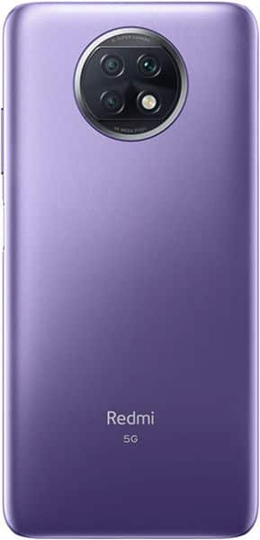 Xiaomi Redmi Note 9T rear view, purple finish with quad camera module and 5G branding