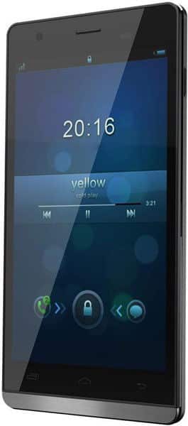 XOLO A1010 smartphone front view, displaying lock screen with time 20:16 and music player interface