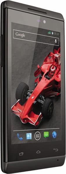 XOLO A500S smartphone displayed at an angle, showing its screen with a red racing car image and Android interface