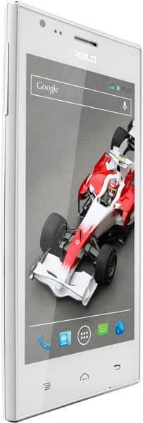 XOLO A600 smartphone, front view, displaying a red and white Formula 1 race car on screen