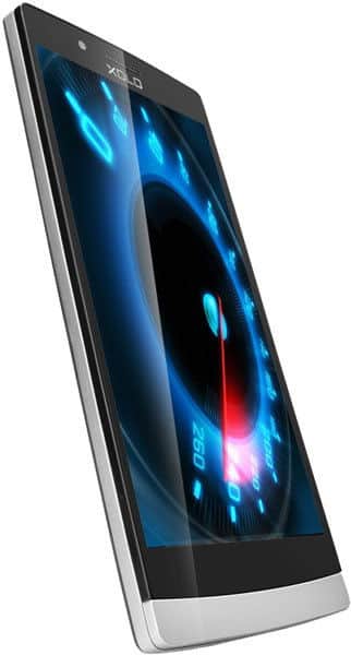 XOLO LT2000 smartphone displayed at an angle, showing front screen with blue and red digital graphics on black display and white bezel