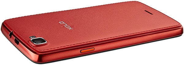 XOLO One smartphone in red, shown from the rear angle displaying the back panel and side controls