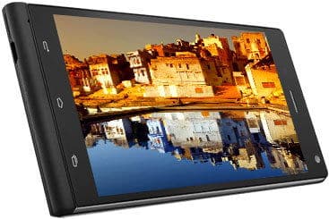 XOLO Opus HD smartphone displayed at an angle, showing its screen with a waterfront cityscape reflected in water