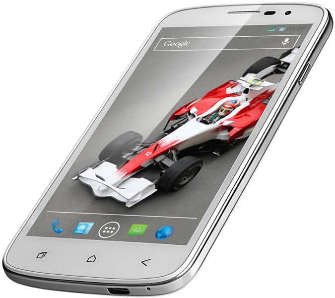 XOLO Q1000 Opus front view displaying a red and white racing car on screen with Google search interface and app icons visible