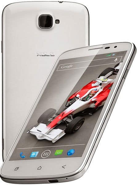 XOLO Q1000 Opus front view, white smartphone displaying a red racing car on screen with rear view of device shown alongside