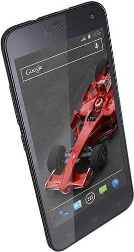 XOLO Q1000s front view, black smartphone displaying a red racing car on screen with Google search bar visible