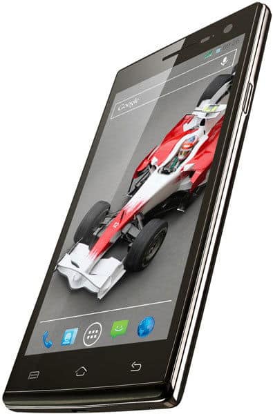 XOLO Q1010 smartphone displaying a red racing car on its screen, shown from the front at an angle