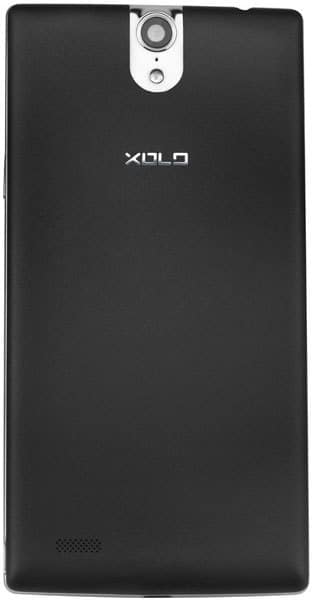 XOLO Q1010 rear view, black smartphone with white camera module at top and XOLO branding on back