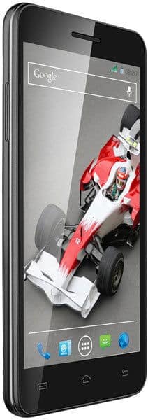 XOLO Q1011 smartphone displaying a red racing car on screen, shown from the front angle