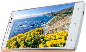 XOLO Q1020 smartphone displaying coastal landscape with yellow flowers on screen, front view