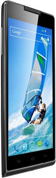XOLO Q1100 smartphone displayed at an angle, showing its front screen with a windsurfing image and Android interface icons