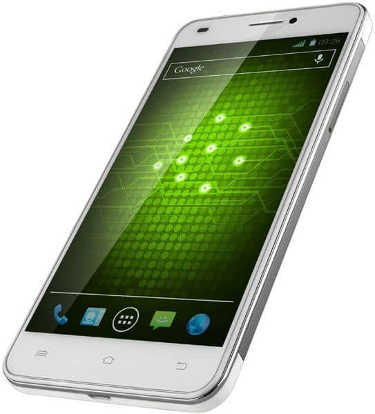XOLO Q1200 smartphone front view, white with green geometric pattern on screen and app icons in taskbar