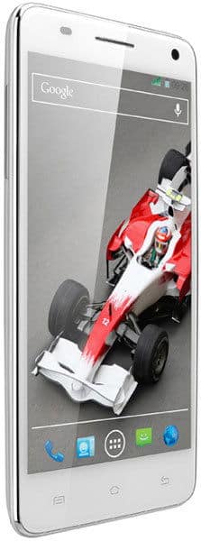 XOLO Q3000 smartphone displaying a Formula 1 racing car on its screen, shown from the front angle in white